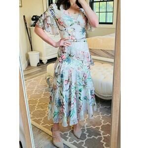 Theia Floral Ruffle Midi Dress Blush Pink Size 2